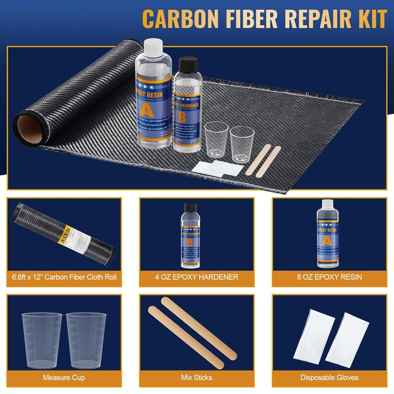 Krbnk 6.6FT 3K/240g Carbon Fiber Repair Kit, 12" Carbon Fabric Fiber Cloth Roll, 8OZ Epoxy Resin 4OZ Hardener, DIY Carbon Fiber Fabric Sheet Fibra de Carbono para Carro - Image 2